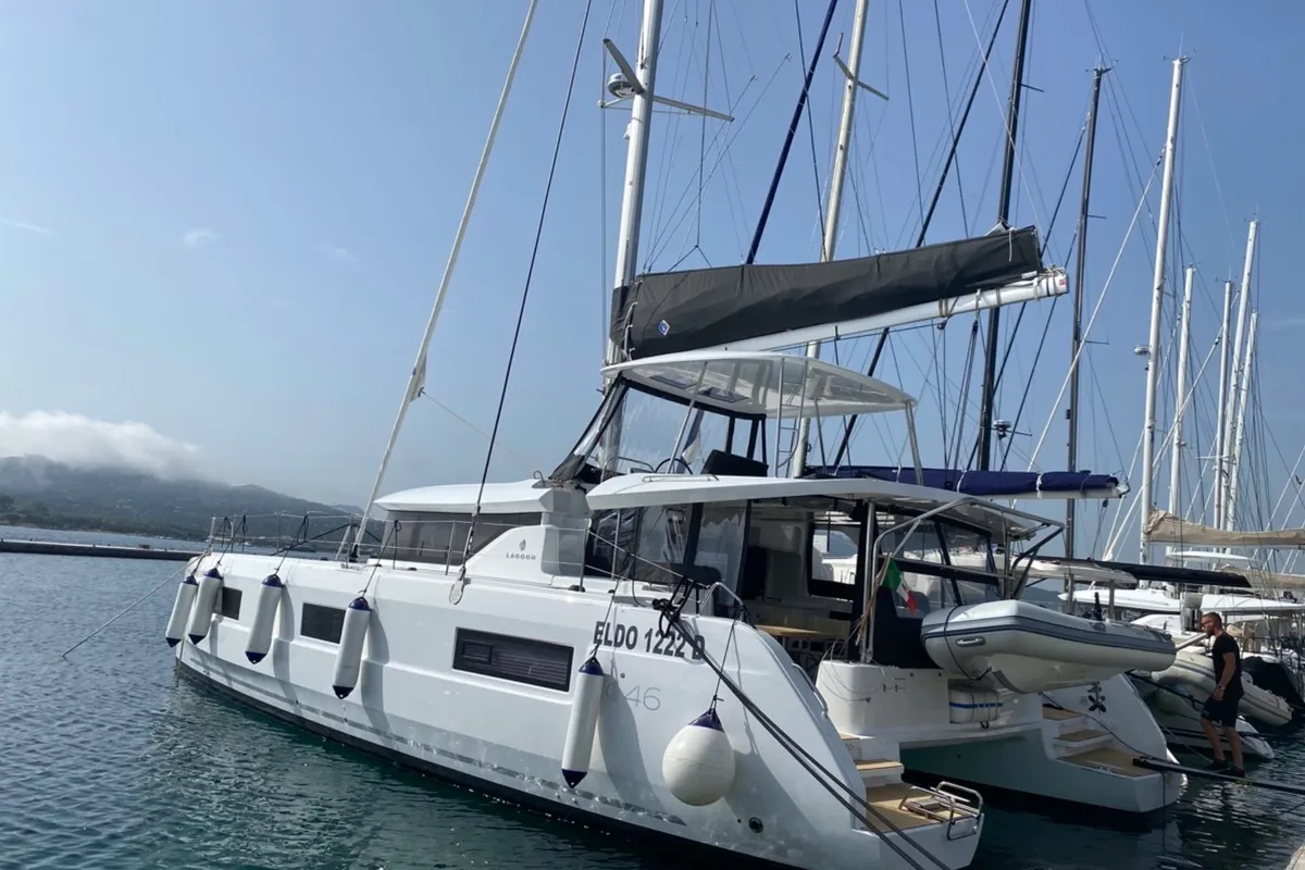 Exterior view of Archè II, a Lagoon 46 catamaran at Tonnarella, Italy