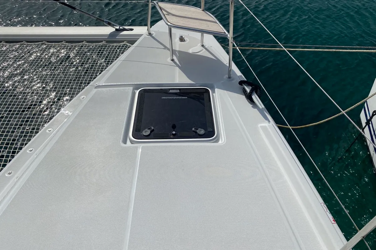 Deck of Archè II, a Lagoon 46 catamaran at Tonnarella, Italy