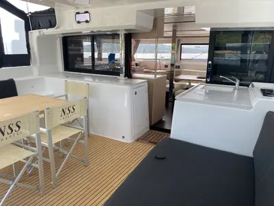 Deck of Archè II, a Lagoon 46 catamaran at Tonnarella, Italy