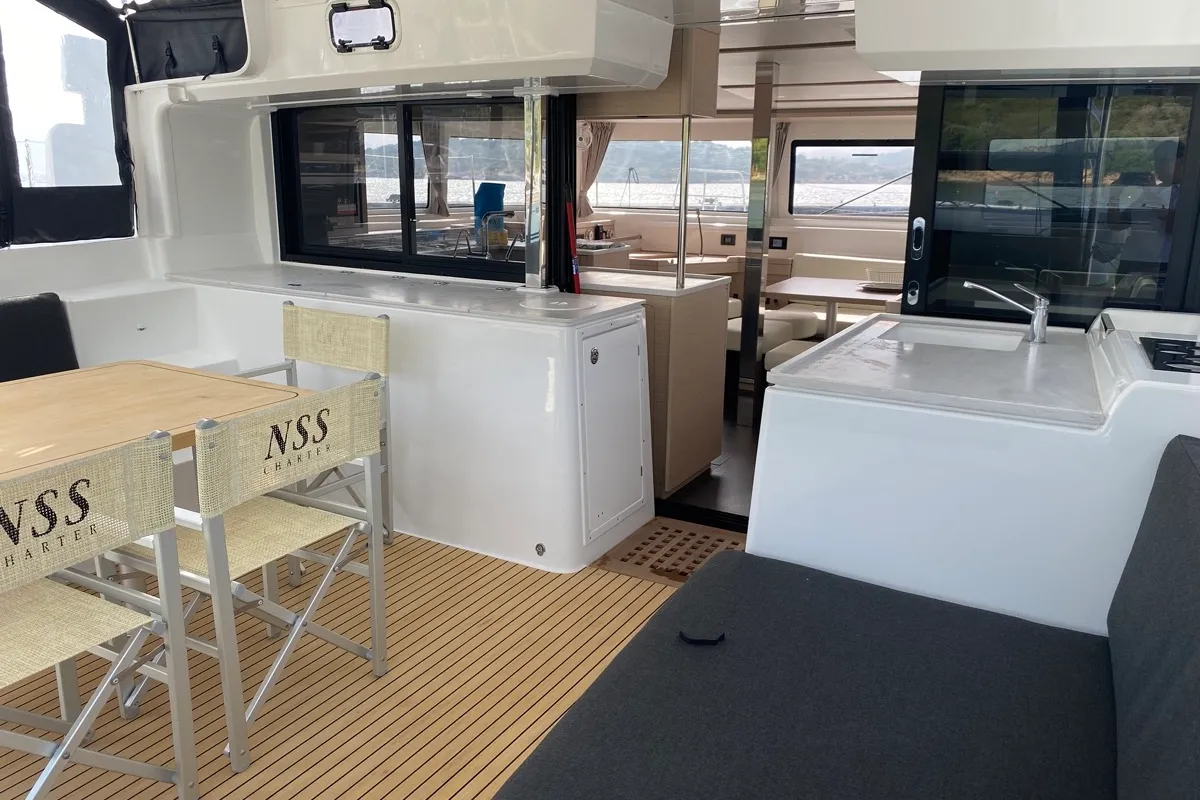 Deck of Archè II, a Lagoon 46 catamaran at Tonnarella, Italy