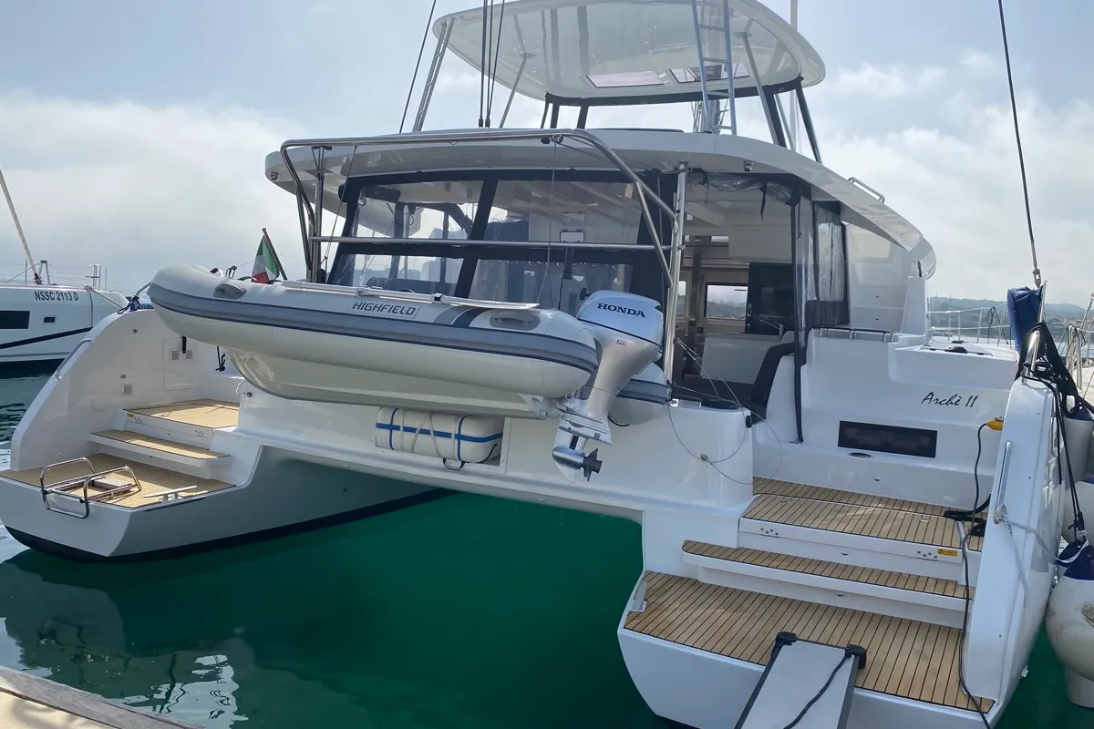 Exterior view of Archè II, a Lagoon 46 catamaran at Tonnarella, Italy
