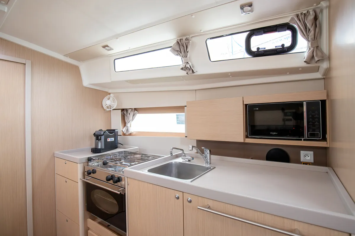 Galley of Eos, a Beneteau Oceanis 38.1 sailboat at Castellammare del Golfo, Italy