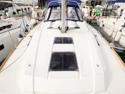 Deck of Eos, a Beneteau Oceanis 38.1 sailboat at Castellammare del Golfo, Italy