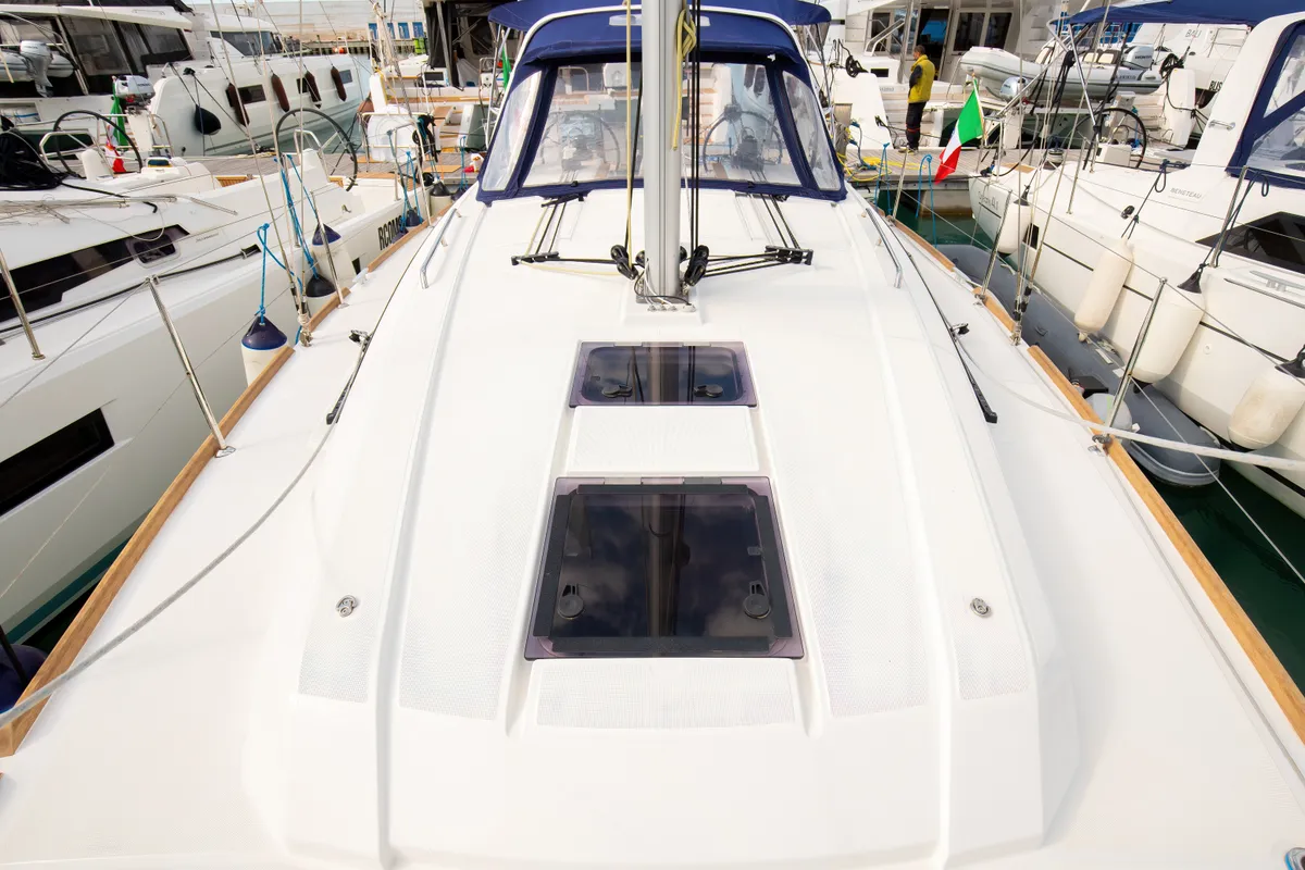 Deck of Eos, a Beneteau Oceanis 38.1 sailboat at Castellammare del Golfo, Italy