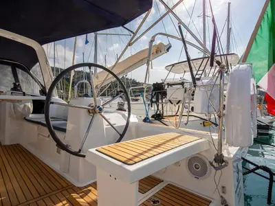 Cockpit of Eos, a Beneteau Oceanis 38.1 sailboat at Castellammare del Golfo, Italy