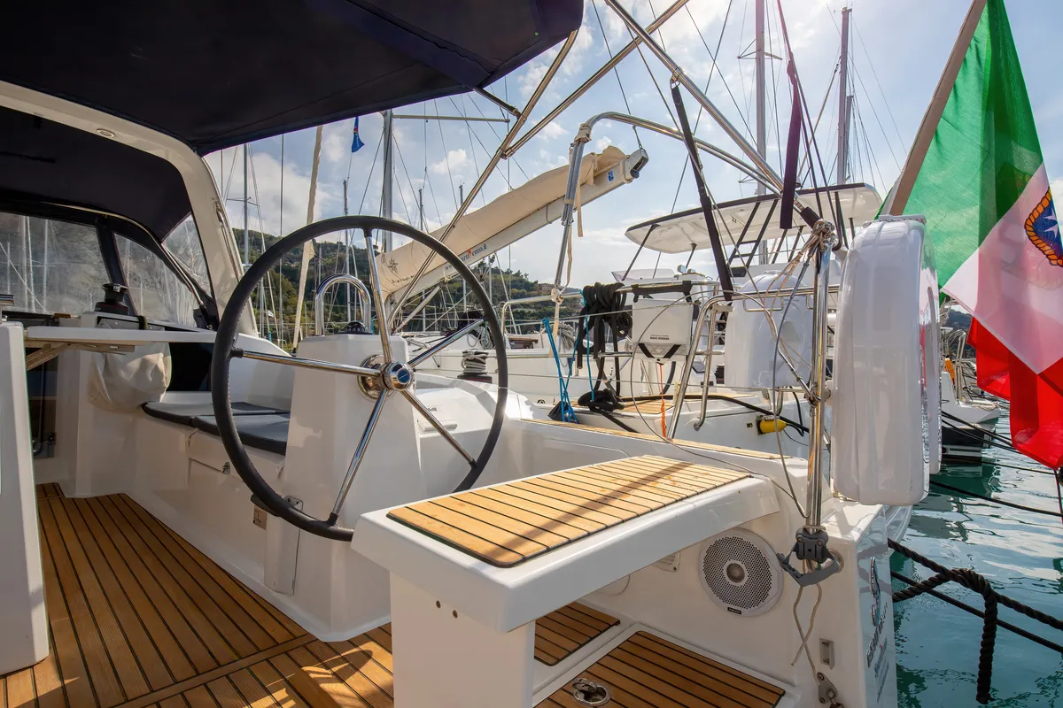 Cockpit of Eos, a Beneteau Oceanis 38.1 sailboat at Castellammare del Golfo, Italy