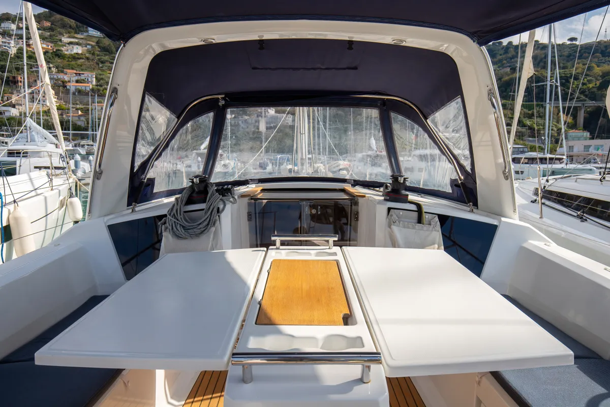 Deck of Eos, a Beneteau Oceanis 38.1 sailboat at Castellammare del Golfo, Italy