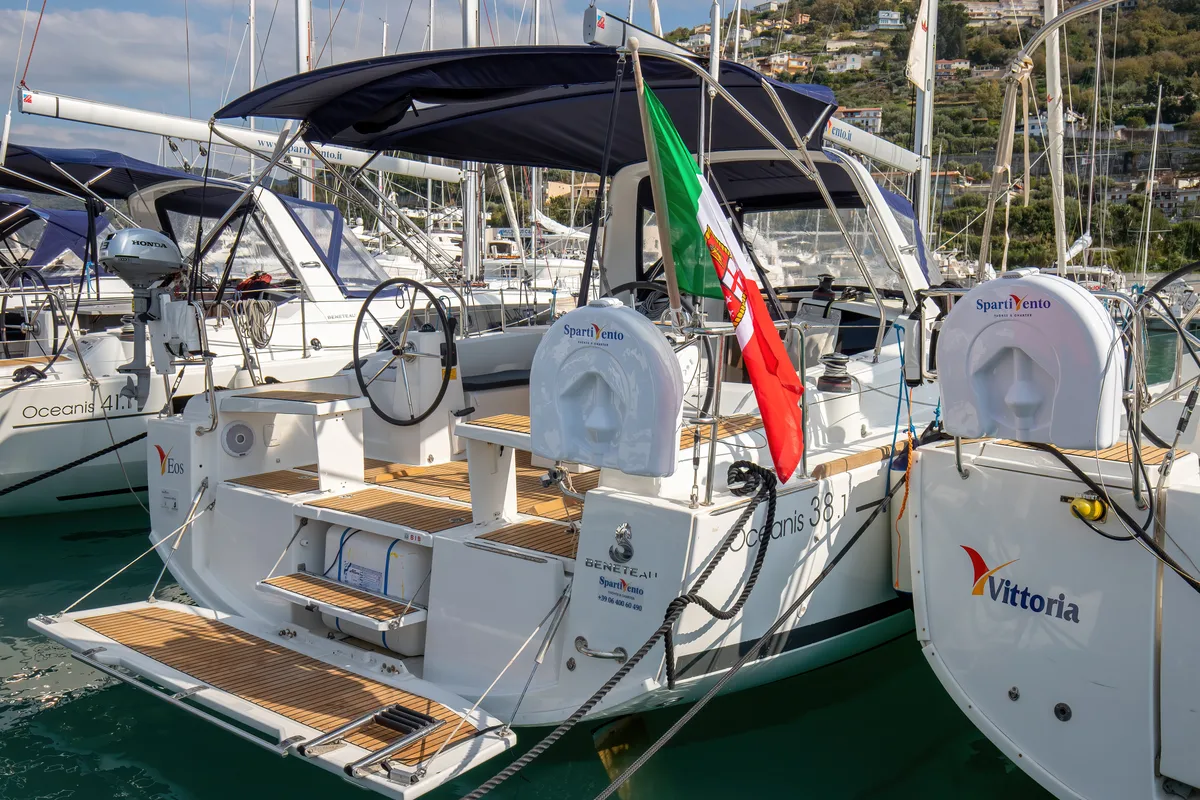 Deck of Eos, a Beneteau Oceanis 38.1 sailboat at Castellammare del Golfo, Italy