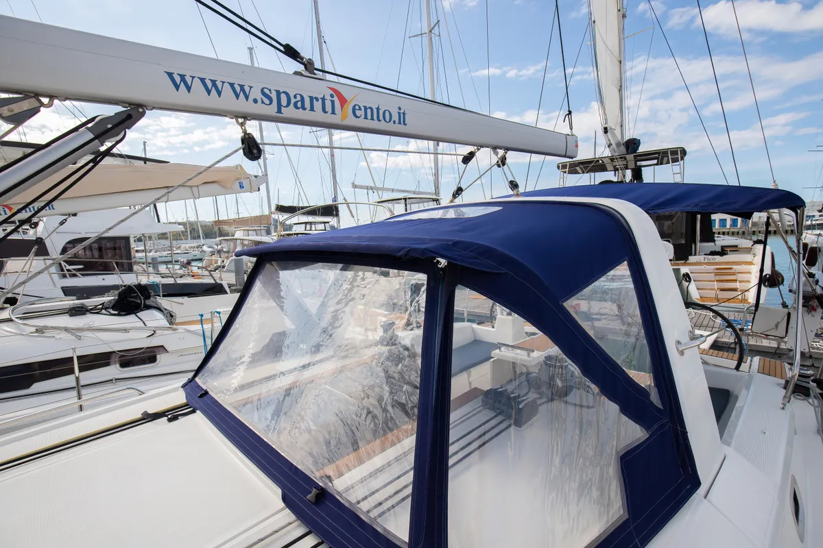 Head on Eos, a Beneteau Oceanis 38.1 sailboat at Castellammare del Golfo, Italy