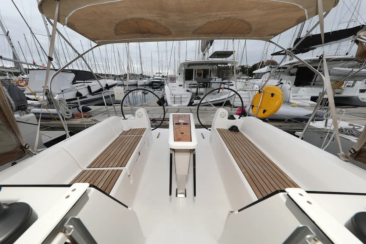 Cockpit of Feniks, a Dufour 350 GL sailboat at Grad Vodice, Croatia