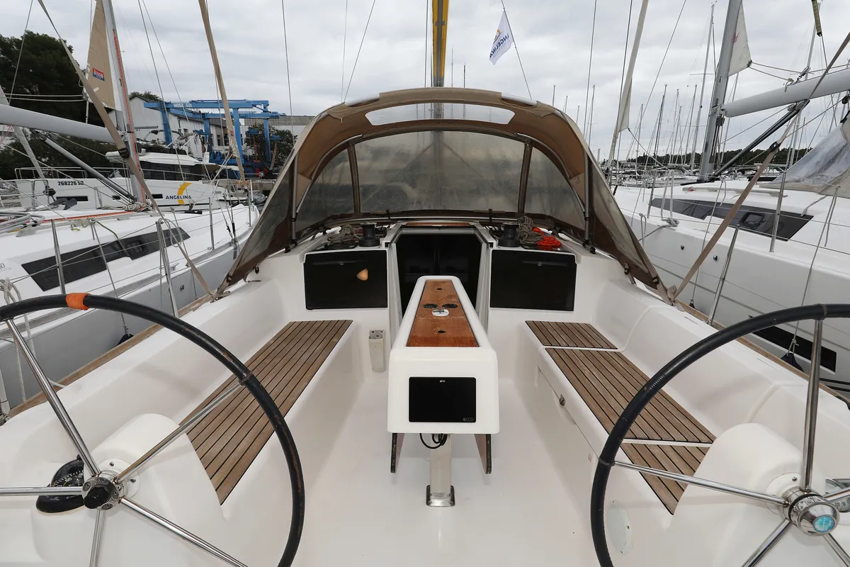 Cockpit of Feniks, a Dufour 350 GL sailboat at Grad Vodice, Croatia