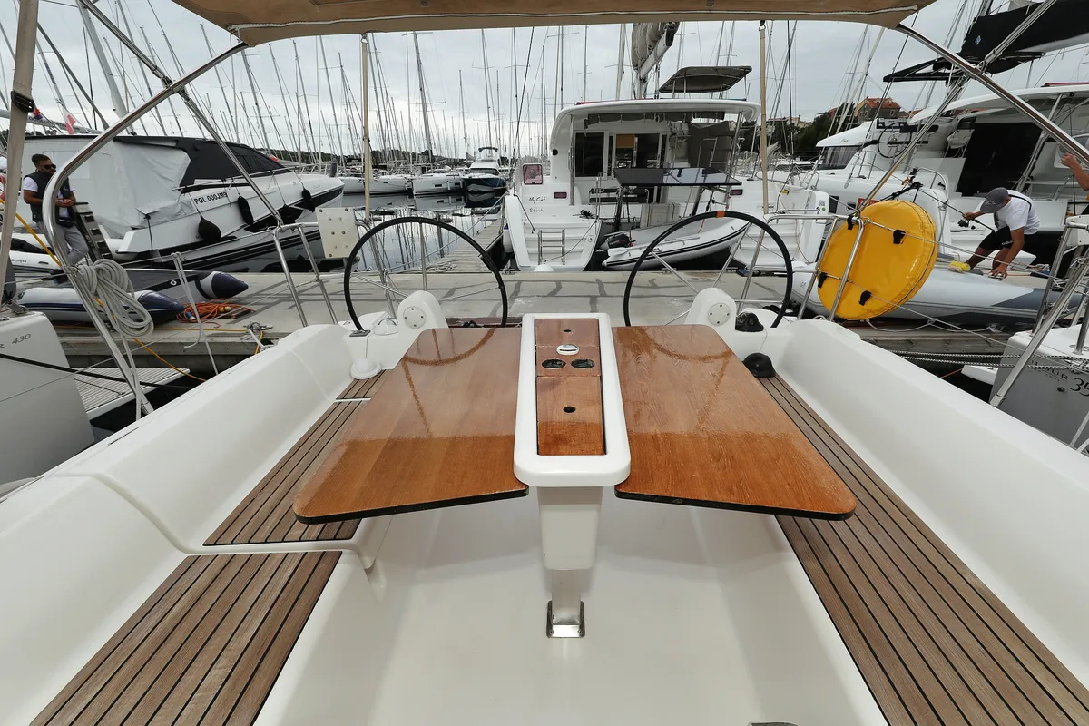 Cockpit of Feniks, a Dufour 350 GL sailboat at Grad Vodice, Croatia