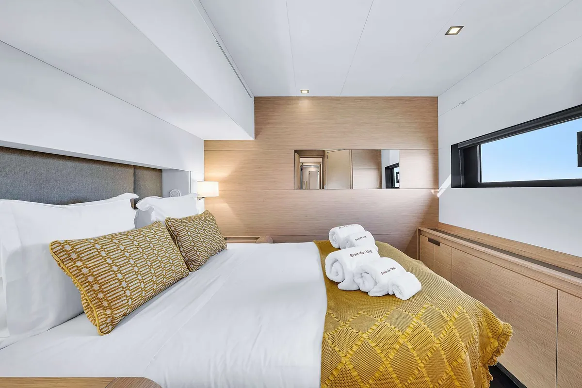 Cabin on NEOW, a Fountaine Pajot Alegria 67 catamaran at Cannes, France