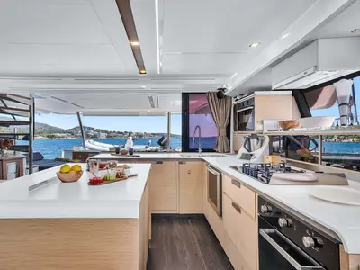 Galley of NEOW, a Fountaine Pajot Alegria 67 catamaran at Cannes, France