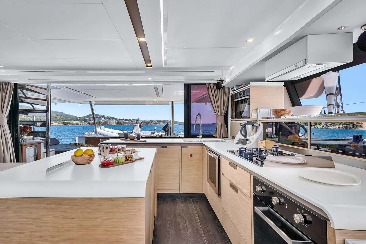 Galley of NEOW, a Fountaine Pajot Alegria 67 catamaran at Cannes, France