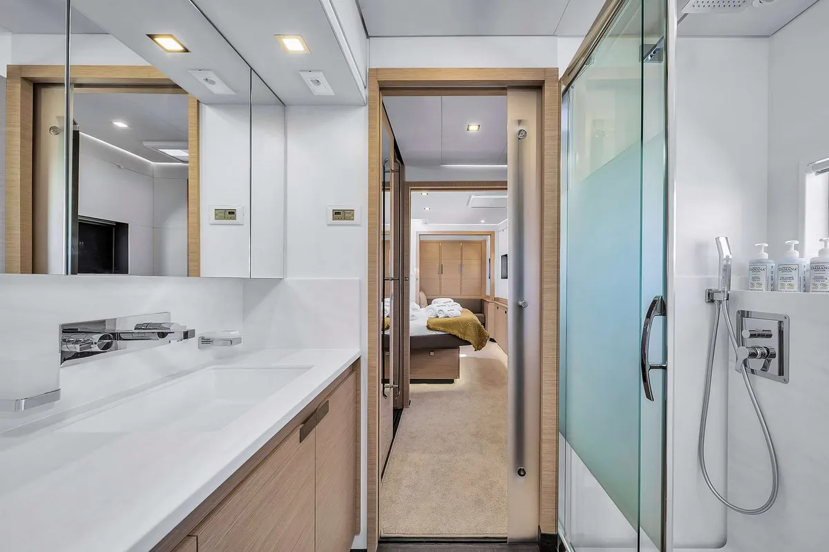 Head on NEOW, a Fountaine Pajot Alegria 67 catamaran at Cannes, France