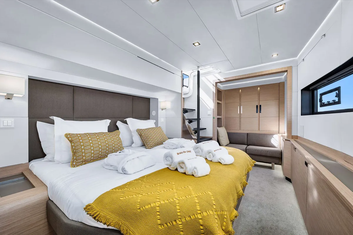 Cabin on NEOW, a Fountaine Pajot Alegria 67 catamaran at Cannes, France