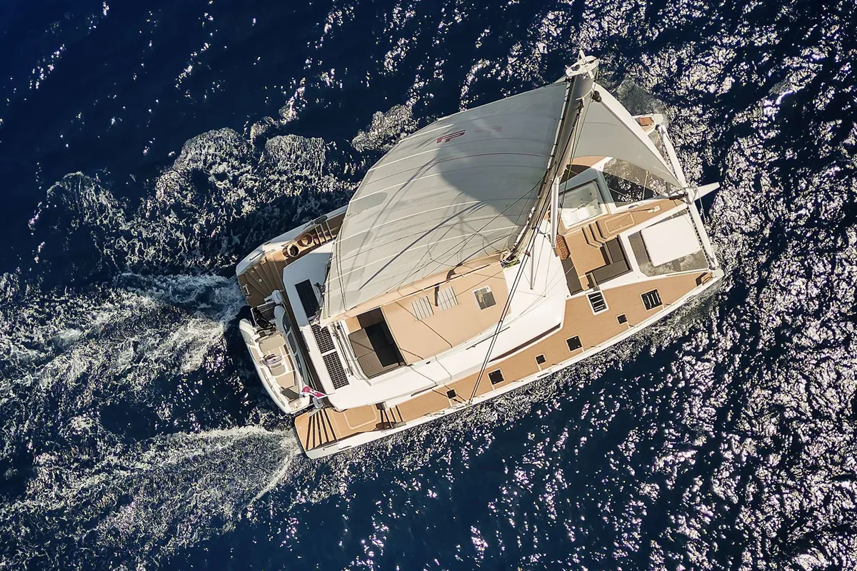 Exterior view of NEOW, a Fountaine Pajot Alegria 67 catamaran at Cannes, France