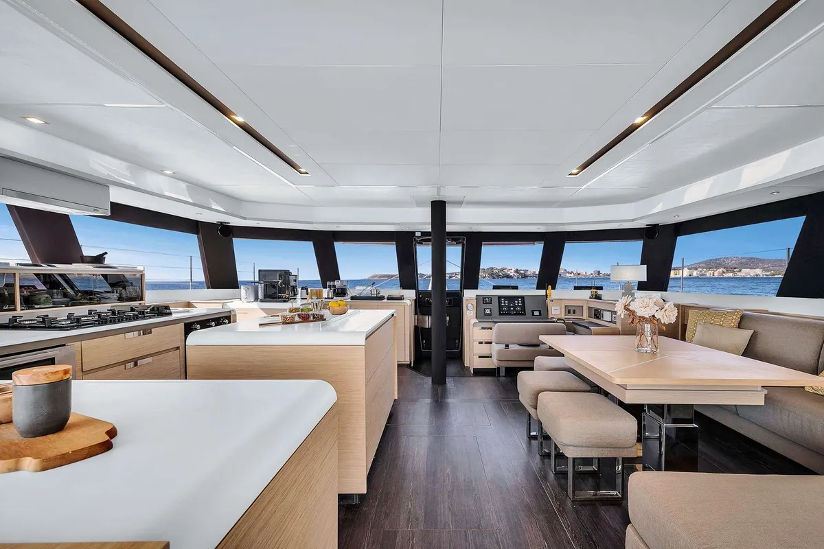 Salon of NEOW, a Fountaine Pajot Alegria 67 catamaran at Cannes, France