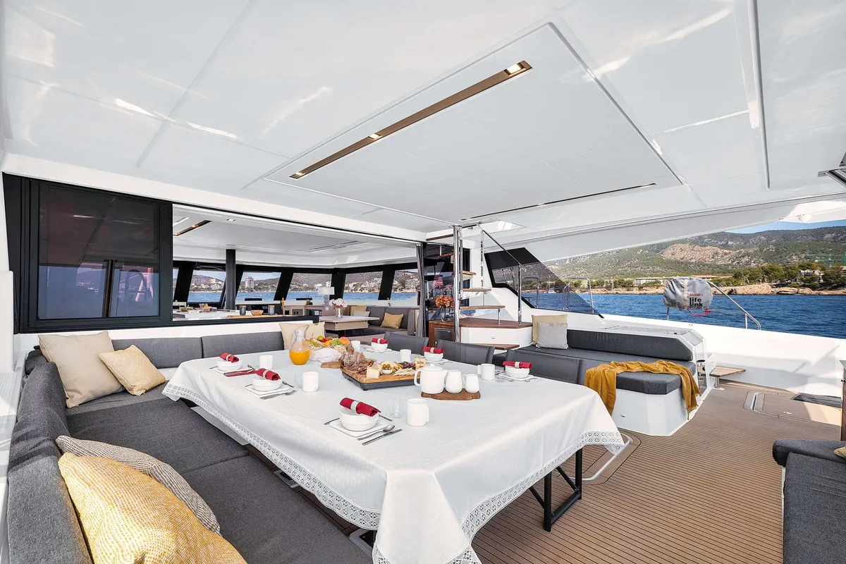 Deck of NEOW, a Fountaine Pajot Alegria 67 catamaran at Cannes, France