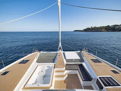 Deck of NEOW, a Fountaine Pajot Alegria 67 catamaran at Cannes, France
