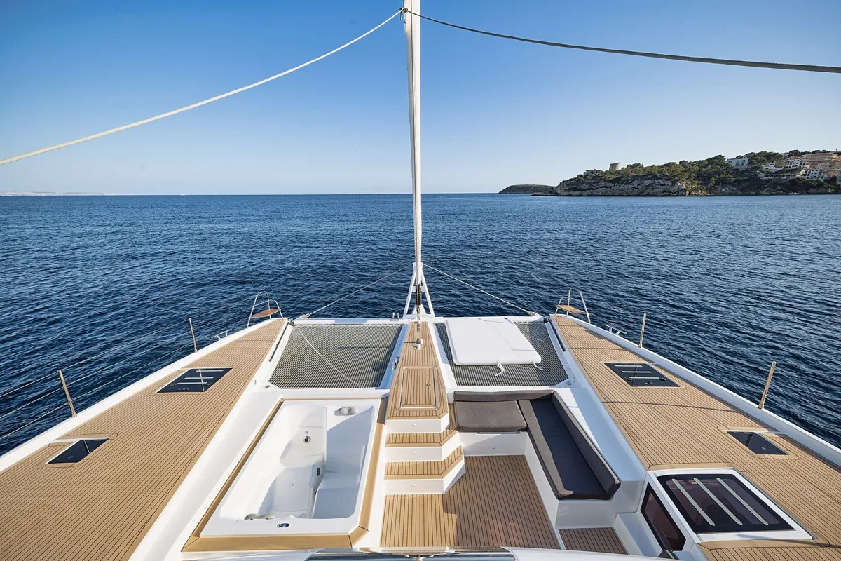 Deck of NEOW, a Fountaine Pajot Alegria 67 catamaran at Cannes, France