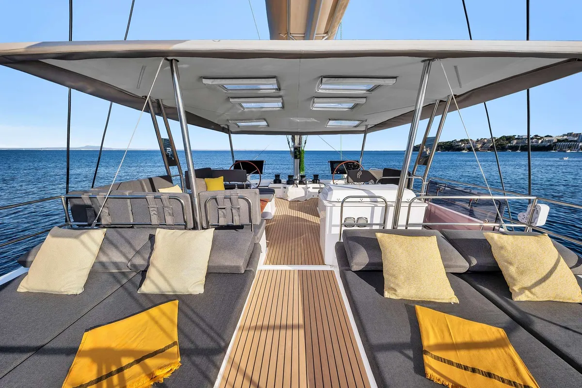 Deck of NEOW, a Fountaine Pajot Alegria 67 catamaran at Cannes, France