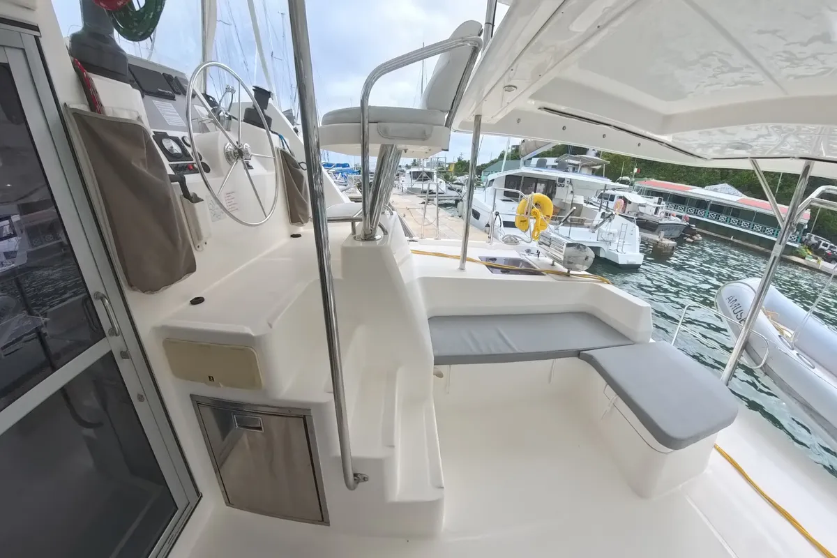 Cockpit of Amused, a Leopard 48 catamaran at Road Town, British Virgin Islands