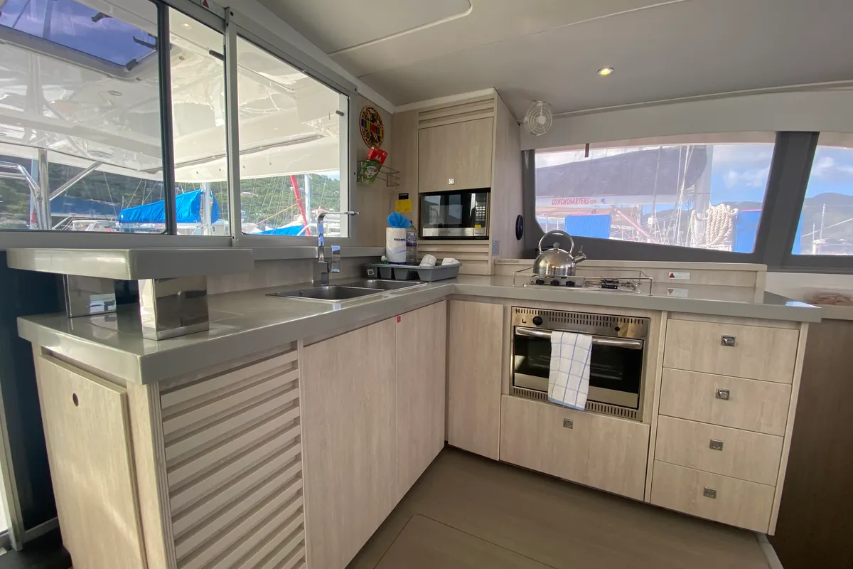 Galley of Amused, a Leopard 48 catamaran at Road Town, British Virgin Islands