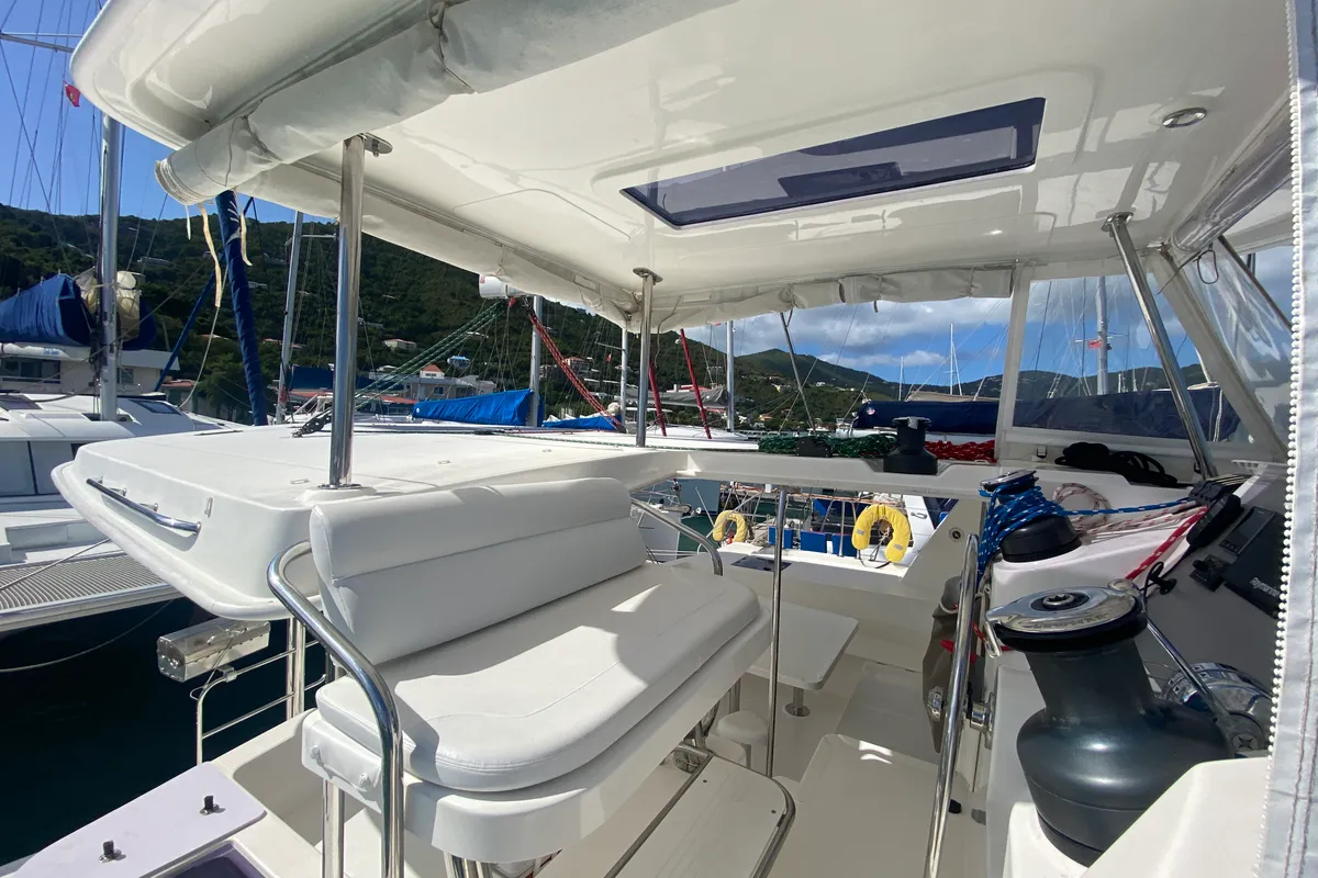 Cockpit of Amused, a Leopard 48 catamaran at Road Town, British Virgin Islands