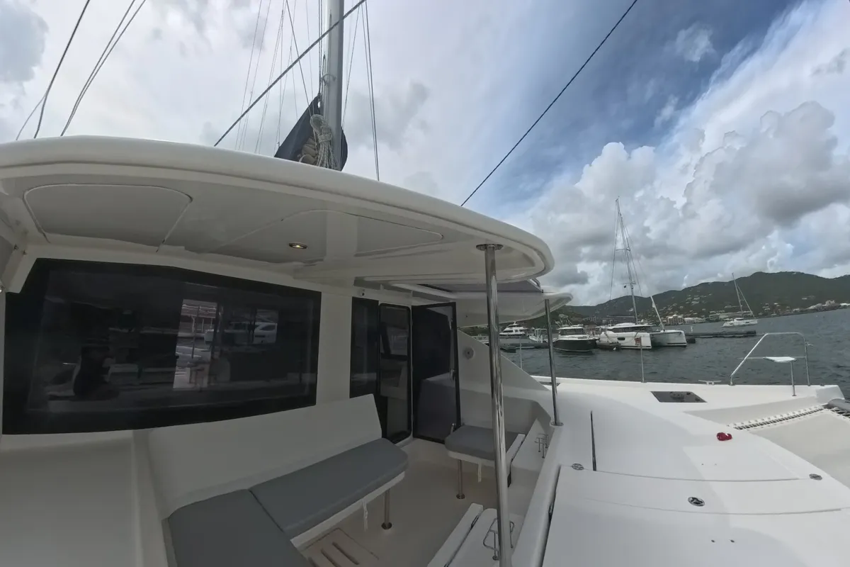 Deck of Amused, a Leopard 48 catamaran at Road Town, British Virgin Islands