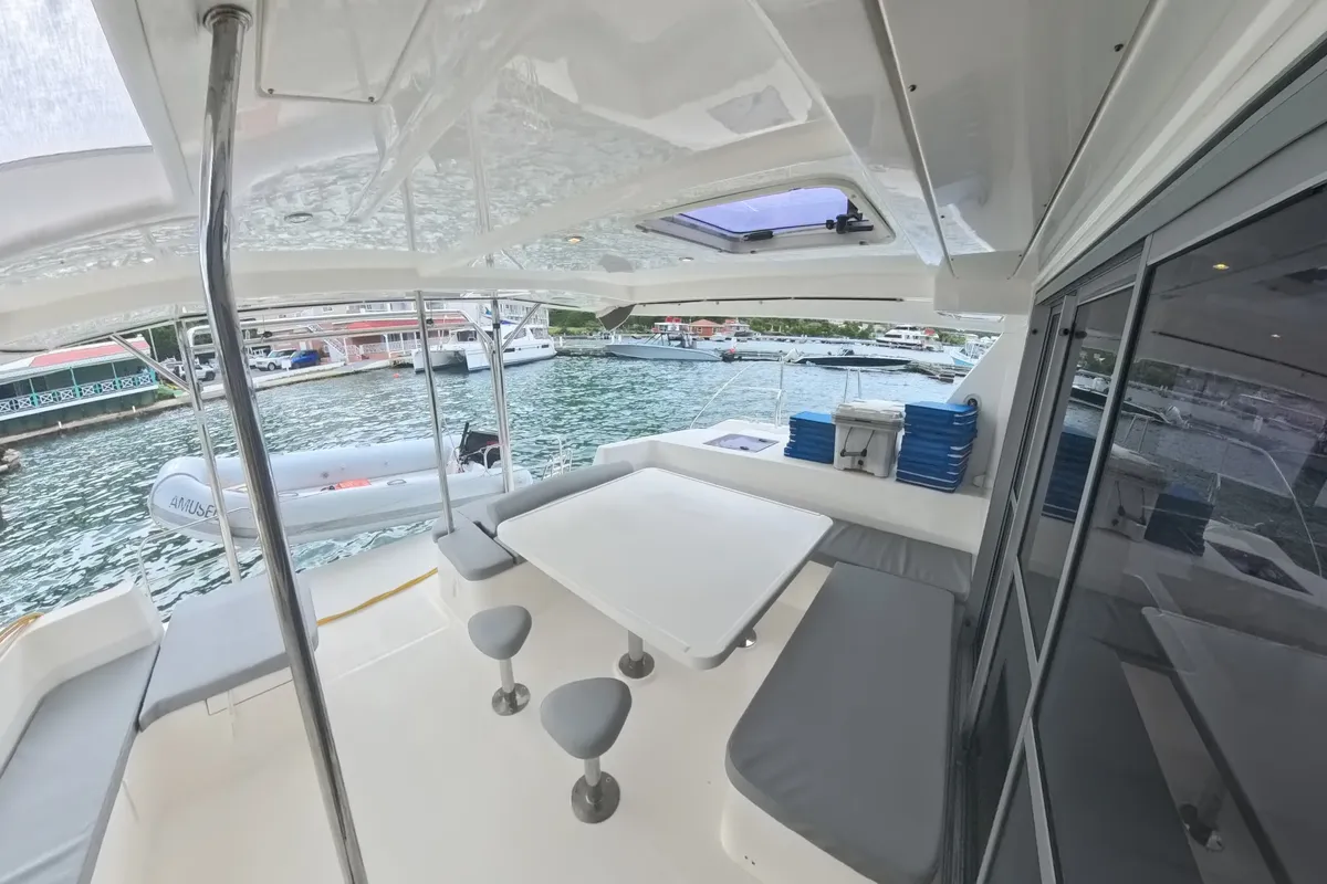 Deck of Amused, a Leopard 48 catamaran at Road Town, British Virgin Islands