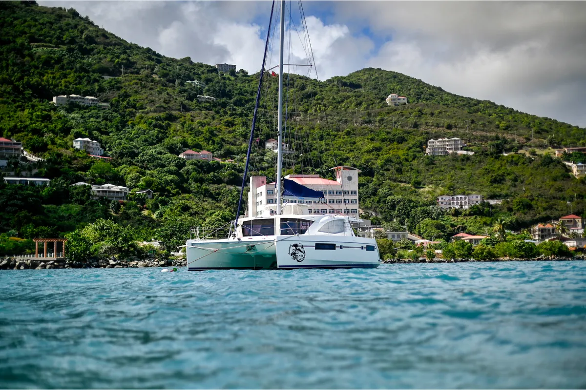 Exterior view of Amused, a Leopard 48 catamaran at Road Town, British Virgin Islands