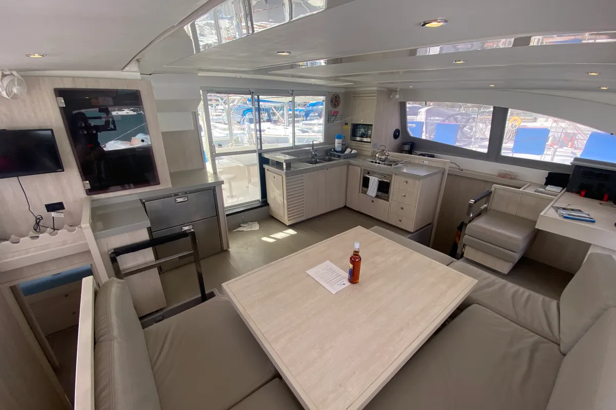 Salon of Amused, a Leopard 48 catamaran at Road Town, British Virgin Islands
