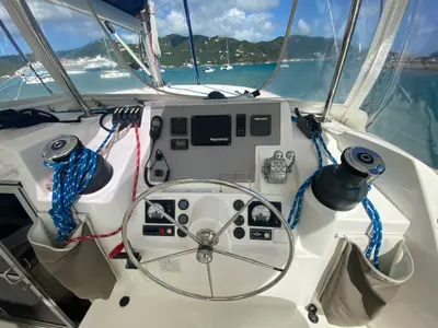 Cockpit of Amused, a Leopard 48 catamaran at Road Town, British Virgin Islands
