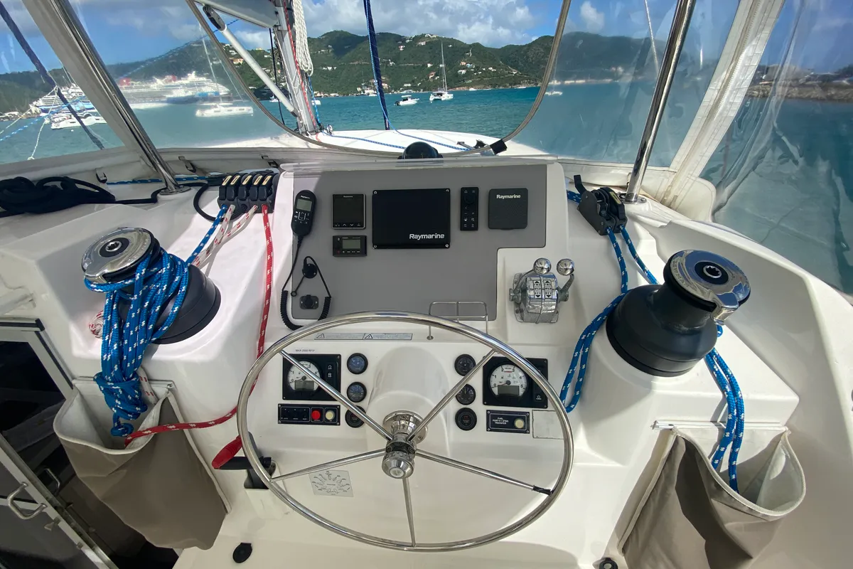 Cockpit of Amused, a Leopard 48 catamaran at Road Town, British Virgin Islands