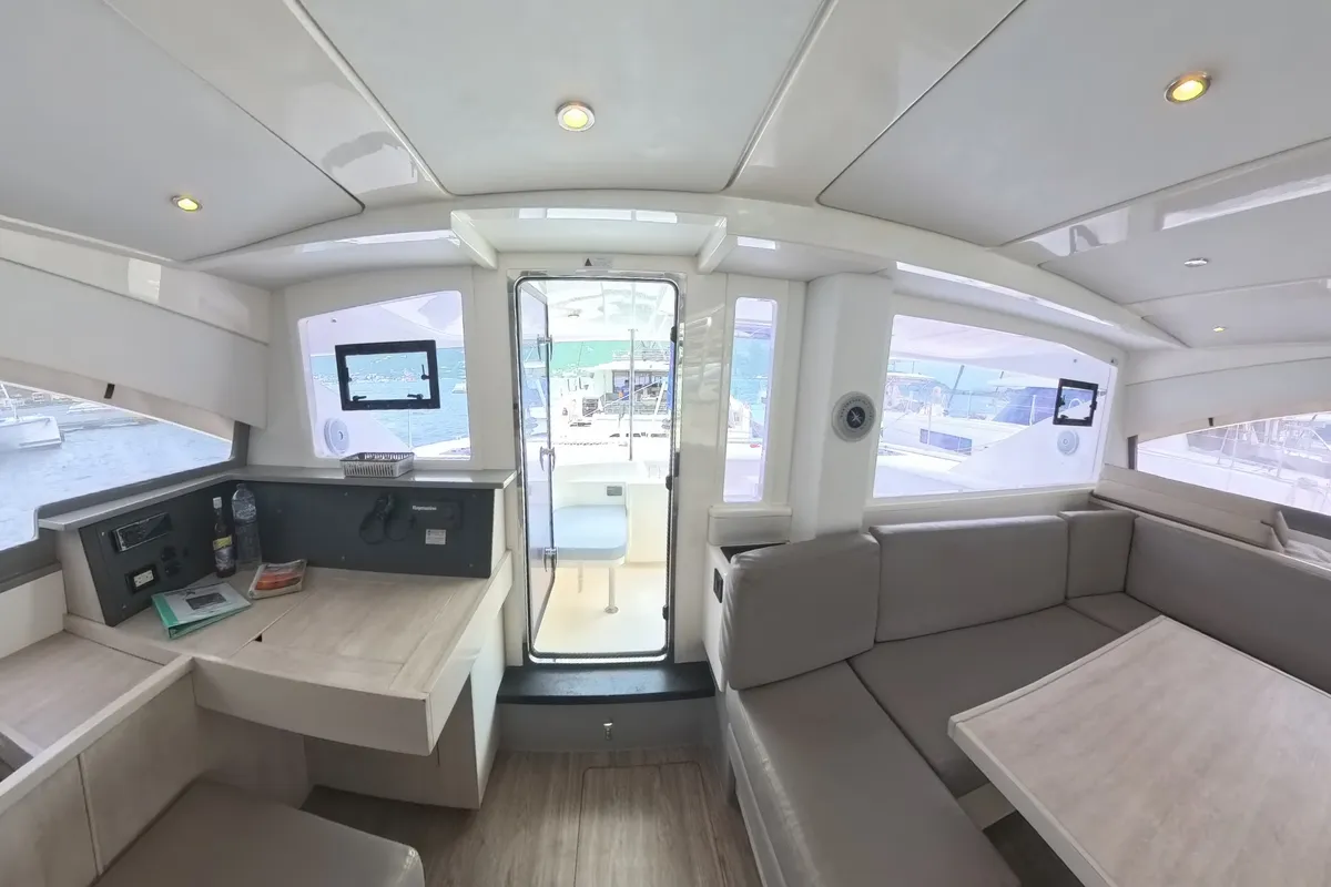 Salon of Amused, a Leopard 48 catamaran at Road Town, British Virgin Islands