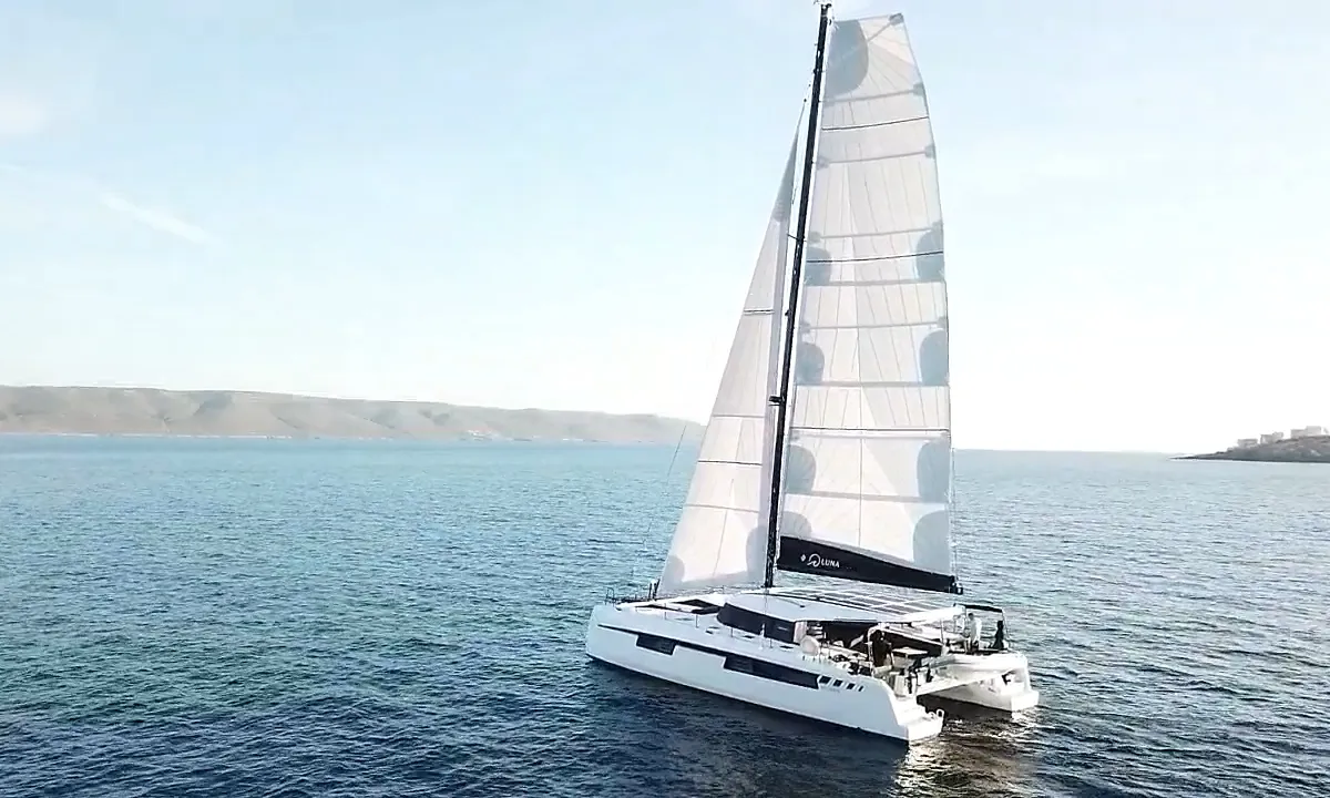 Exterior view of Luna, a Nautitech 48 Open catamaran at Lavrion, Greece