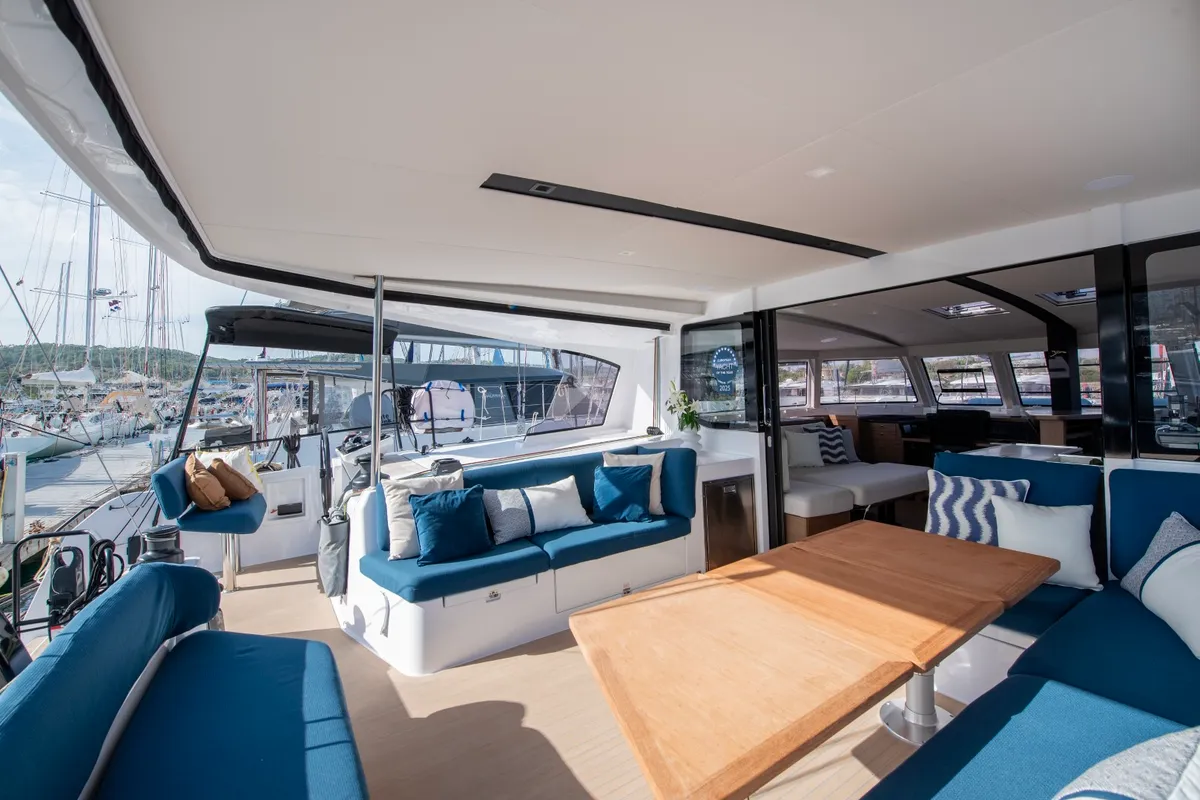 Deck of Luna, a Nautitech 48 Open catamaran at Lavrion, Greece