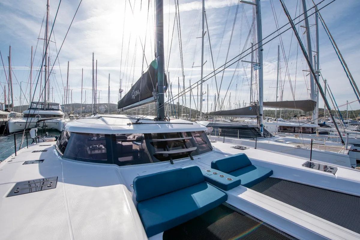 Deck of Luna, a Nautitech 48 Open catamaran at Lavrion, Greece