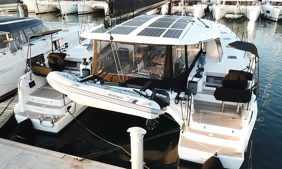 Deck of Luna, a Nautitech 48 Open catamaran at Lavrion, Greece