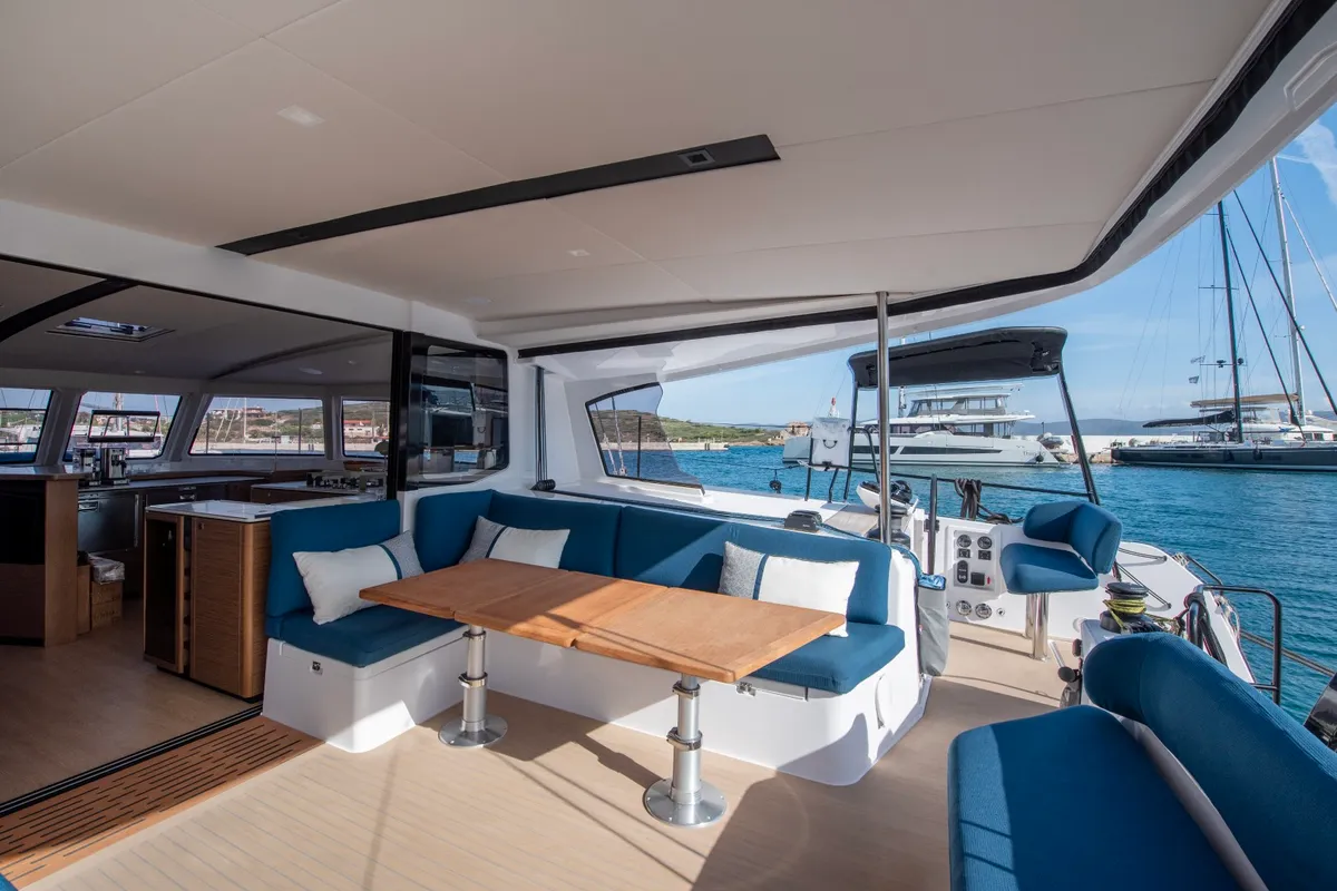 Deck of Luna, a Nautitech 48 Open catamaran at Lavrion, Greece