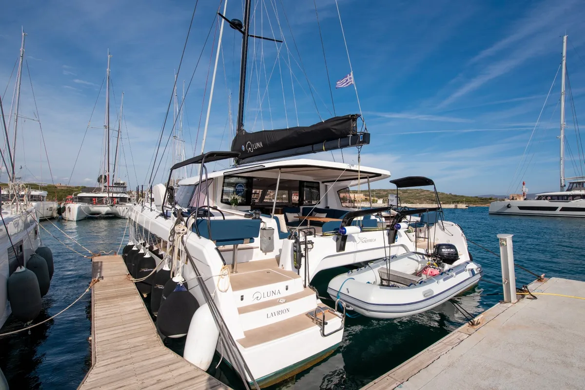 Exterior view of Luna, a Nautitech 48 Open catamaran at Lavrion, Greece