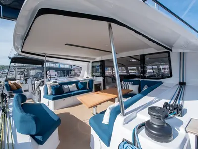 Cockpit of Luna, a Nautitech 48 Open catamaran at Lavrion, Greece