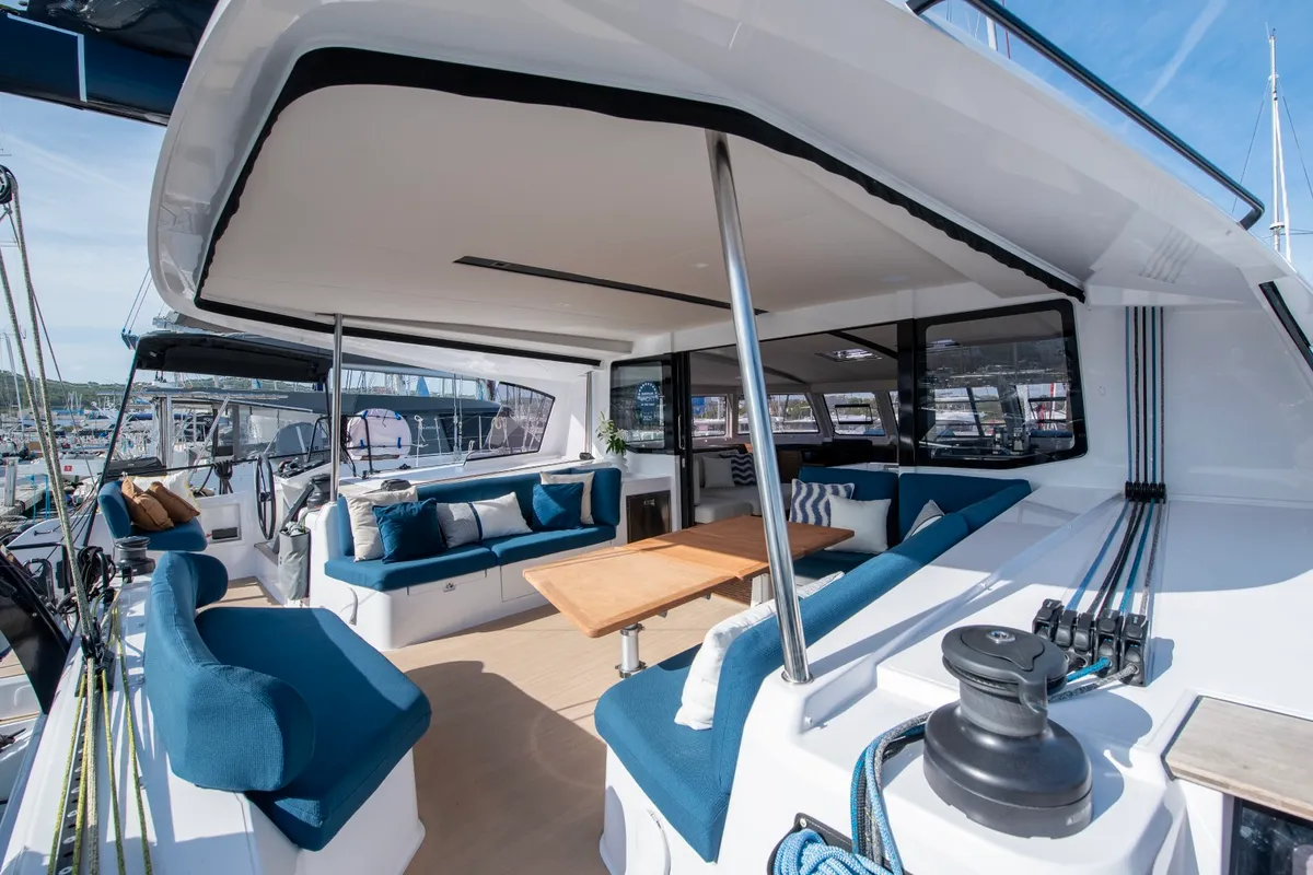 Cockpit of Luna, a Nautitech 48 Open catamaran at Lavrion, Greece