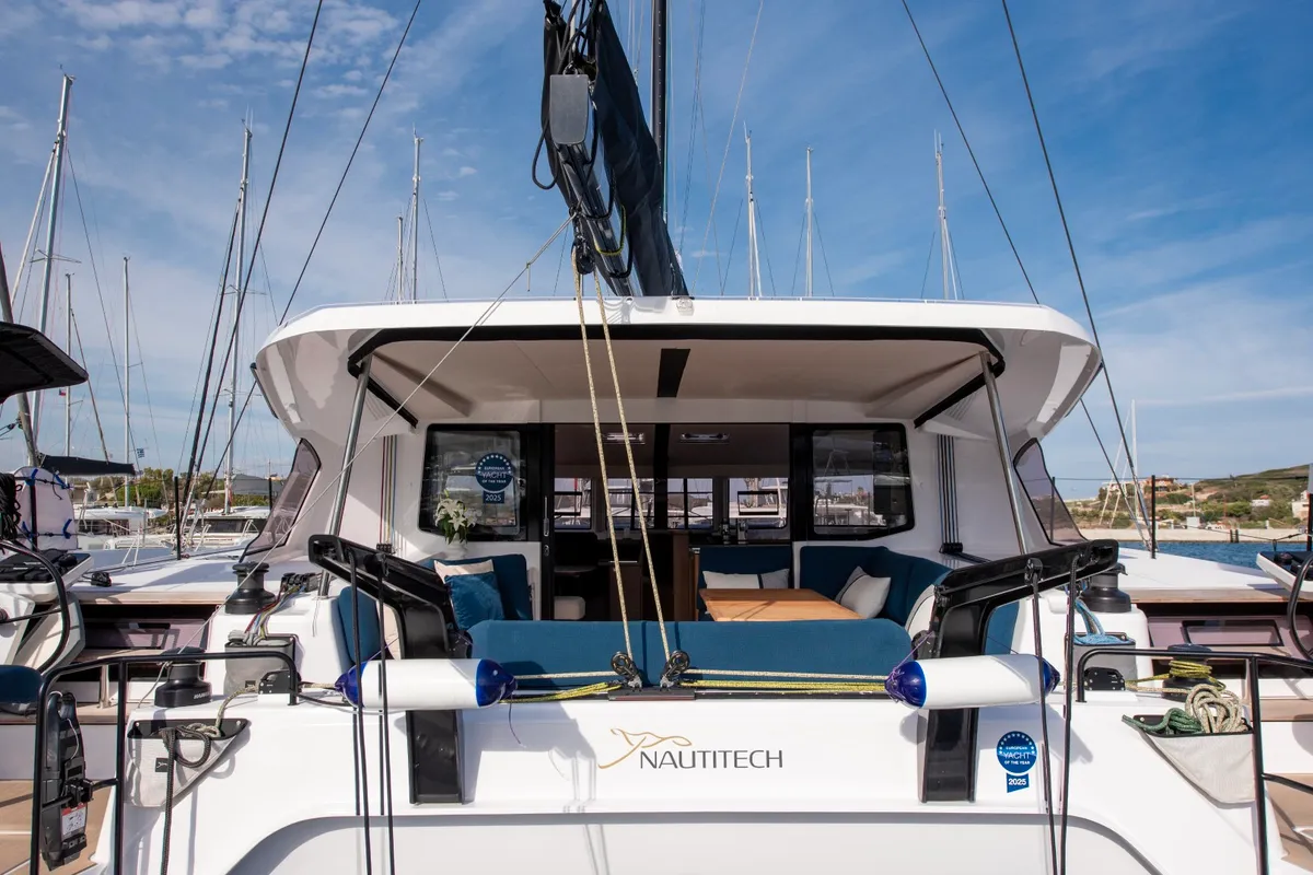 Exterior view of Luna, a Nautitech 48 Open catamaran at Lavrion, Greece