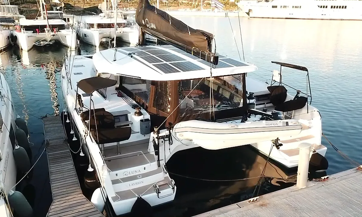 Exterior view of Luna, a Nautitech 48 Open catamaran at Lavrion, Greece