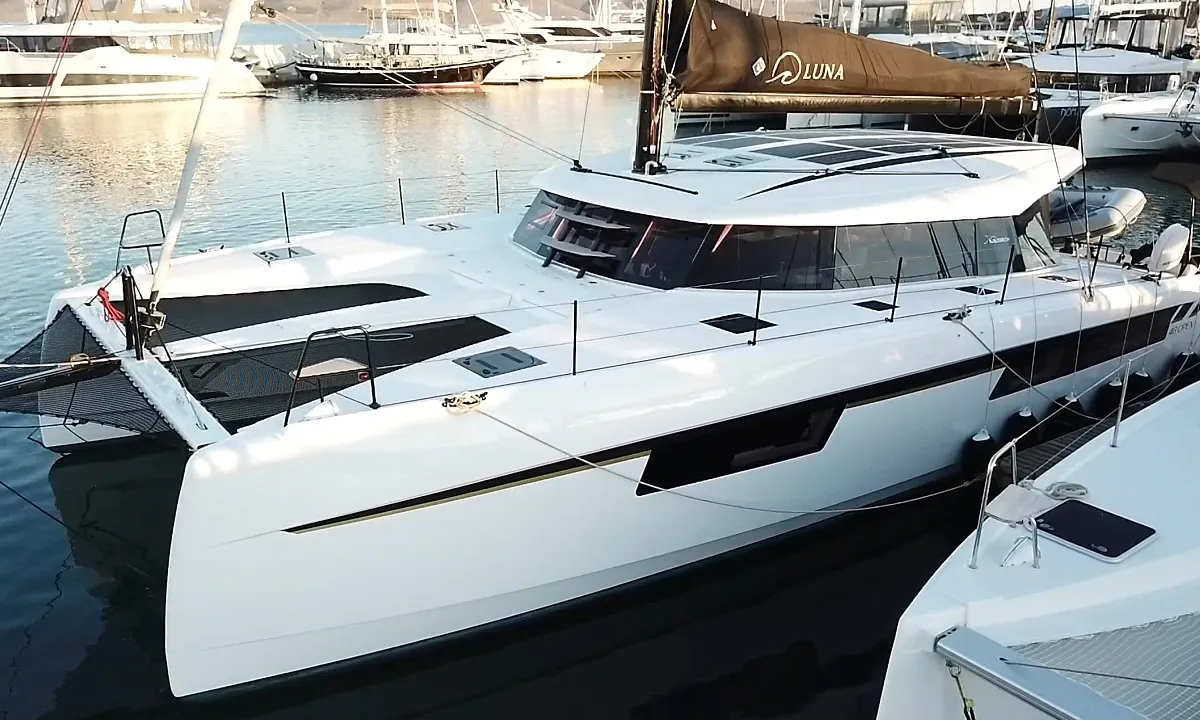 Exterior view of Luna, a Nautitech 48 Open catamaran at Lavrion, Greece