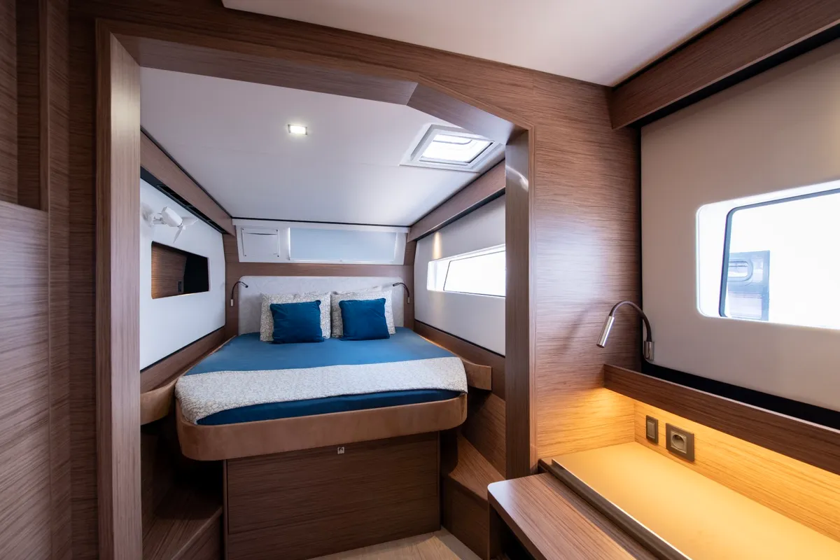 Cabin on Luna, a Nautitech 48 Open catamaran at Lavrion, Greece