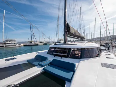 Deck of Luna, a Nautitech 48 Open catamaran at Lavrion, Greece